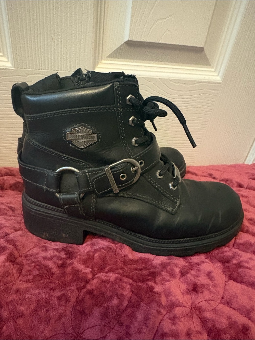 Harley-Davidson Black Leather Lace-Up Riding Boots with Buckle